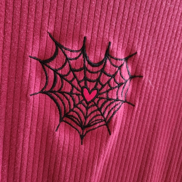 Kina & Tam Loveweb Top Spiderweb Heart Red Mockneck Ribbed Top - Picture 3 of 9